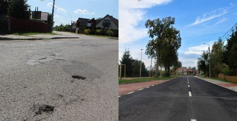 Widok drogi przed i po rozbudowie - po lewej zdjęcie z ubytkami na drodze (zdjęcie zrobione w lipcu 2019 r.), po prawej nowa nawierzchnia drogi (zdjęciezrobione w październiku 2020)